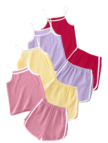 Image of Girls Summer Clothes 4 Piece Cute Outfits Cami Tank Top and Dolphin Shorts Sets for Kid Casual, Dance, Beach