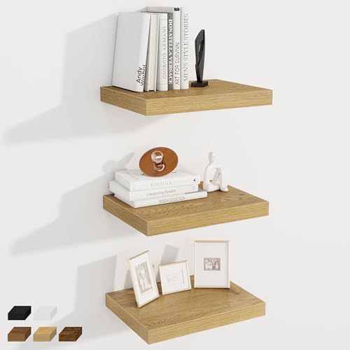 Image of Fun Memories 12 Inch Deep Floating Shelves, 16 x 12 Wooden Wall Shelves, Extra Deeper & Thicker Rustic Wall Mounted Storage Shelf for Fireplace, Living Room, Kitchen, Farmhouse, Oak - 3Pack