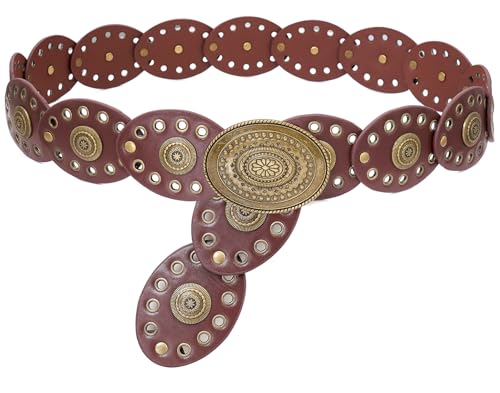 Women's Oval Leather Concho Belt, Western Wide Waist Belts for Dress