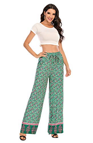 Love Welove Calça feminina de verão com elástico e cintura alta estampada Boho Hippie Palazzo Plus S