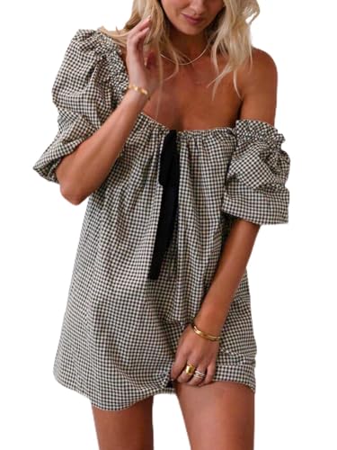 hibshaby Women's Babydoll Short Dress Puff Sleeve Cute Tie Mini Dress Floral Sundress