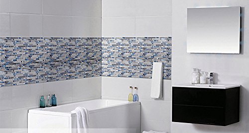 Blujellyfish Gray Marble Tile for Kitchen Backsplash 12 in. x 12 in. x 8 mm Teal Blue Glass Mosaic Bathroom Shower Wall Linear Tiles (Pack of 5 Sheets)