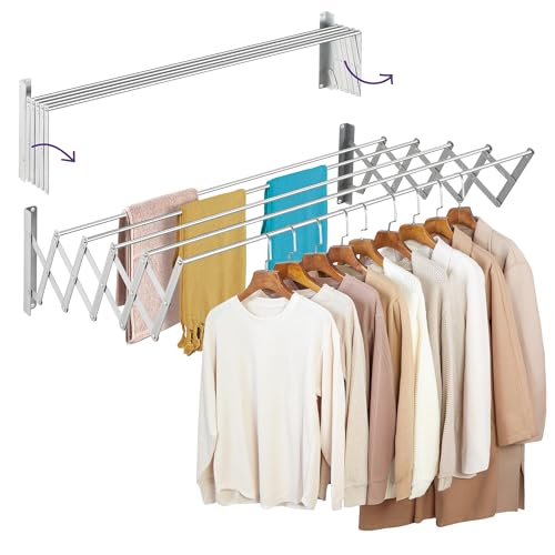 Altaudia Tendedero Extensible de Pared 100cm Antioxidante - Plegable con 5 Tubos de Aluminio, Extensible de 12-80cm, Instalación en Pared Interior o Exterior, Ahorra Espacio e Instala sin Dificultad