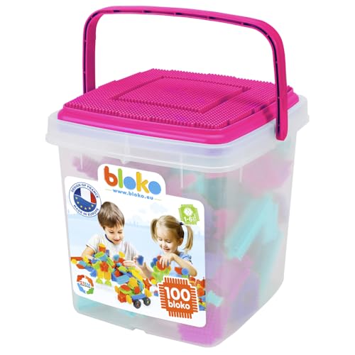 BLOKO – Baril de Rangement de 100 avec 1 Plaque de Jeu (Rose) – Dès 12 Mois – Fabriqué en Europe – Jouet de Construction 1er âge – 503584
