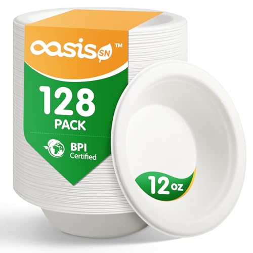 OasisSN [12oz, 128-Pack Compostable Paper Bowls, Heavy-Duty Biodegradable Disposable Bowls Made from Bagasse, Eco-Friendly, Microwave & Freezer Safe (BPI Certified)