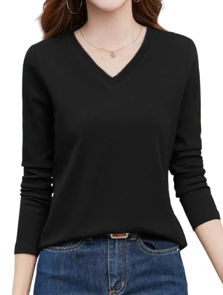 CottonCrest Womens Black V-Neck Full Sleeve Cotton T-Shirt-picture-15