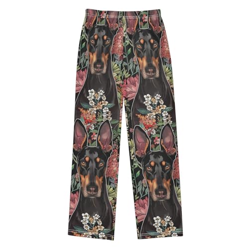 Doberman and Florals Boys Long Pants Soft Trousers Elastic Waist Kids Lounge Bottoms with Pockets S-XL
