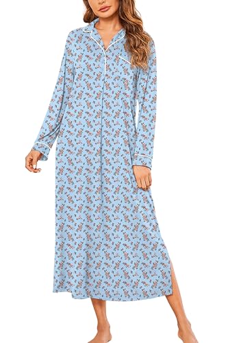 Ekouaer Nightgowns for Women Long Sleeves Moo Moos for Women Soft Sleepwear Button V Neck Sleepshirt Long Nightgown M