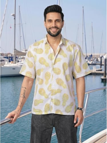 Image of BROWN CULTURE Men Relaxed Fit Shirt | Cotton Blend Oversized Casual Shirts for Men | Loose Fit Printed Half Sleeve Fashion Shirts | Stylish Graphic Printed Everyday Streetwear Top