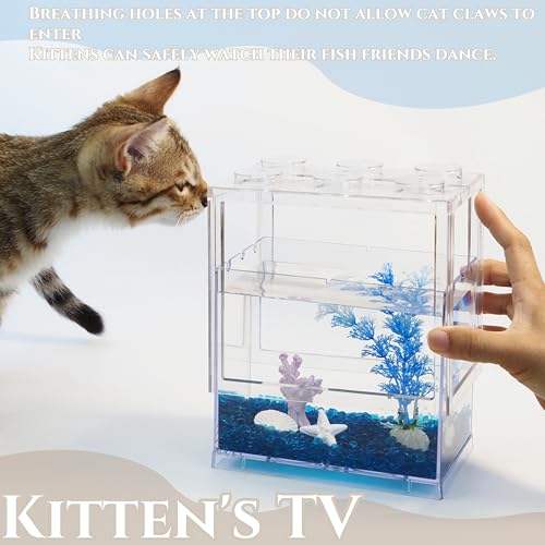 Image of Small Betta Fish Tank, Mini Fish Tank Aquarium Tank Kit with Blue Gravel & Resin Decorations, 0.6 Gallon Stackable Fish Bowl Tiny Desktop Aquarium for Sea Monkey Shrimp