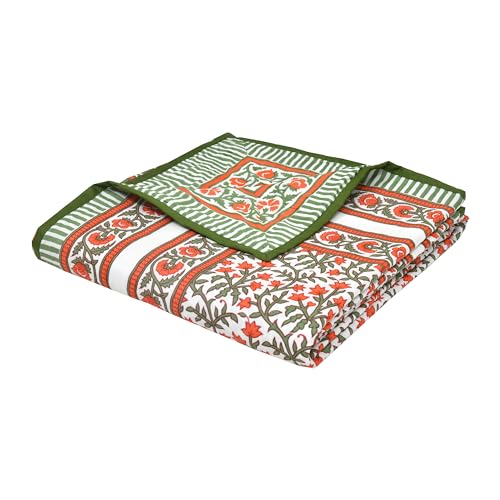 Image of BLOCKS OF INDIA Hand Block Printed Cotton Single Size Reversible Malma Dohar for Summer (Red Green Jaal, 200 Tc)