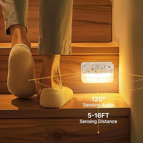 Image of Guankai 16 Pack Motion Sensor Stair Light for Indoor, Battery Operated Closet Lights, Wireless Stick on Anywhere Hallway Lamp, Portable Led Night Lamps for Bedroom Under Cabinet Kitchen,Terrazzo White