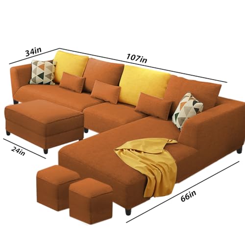 Image of Casaliving Minta RHS 8 Seater L Shape Sofa Set with Ottoman & 2 Puffy for Living Room (Orange - Colour Fabric) Premium Fabric Sofa Set ForLiving Room | Hall