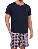 Jahetuul Pijama Hombre Verano Algodón Manga Corta Camiseta con Cuello Redondo y Botón Short de Cuadros Conjunto de Noche Ligero y Transpirable
