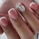 24 Piezas Uñas Postizas Francesas Cortas Cuadradas, Nude Rosa Brillante Puntas de Uñas Falsas de Acrílico, Cubierta Completa Artificiales Presione En Uñas para Mujeres y Niñas Decoración Manicura