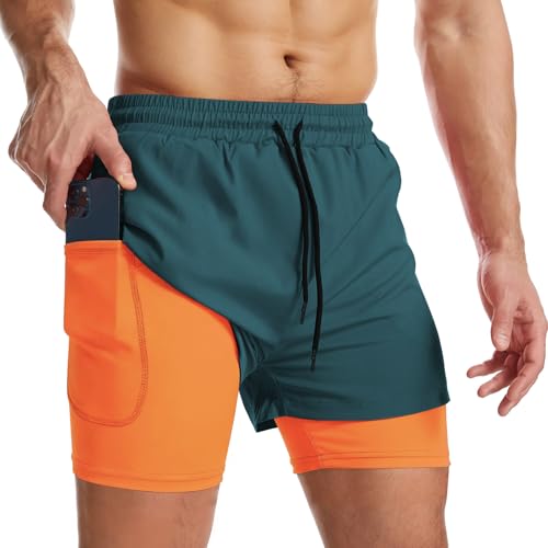 Danfiki Męskie spodenki sportowe, krótkie, szybkoschnące, sportowe, lekkie, z zamkiem błyskawicznym, spodenki do biegania z kieszeniami, spodnie do fitnessu, zielony i pomarańczowy., XL