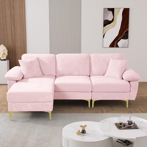 OUYESSIR L Shaped Sectional Sofa Couch, 3 Seat Velvet Sofa with Ottoman and Pillows, Upholstered Comfy Couch Sleeper for Living Room, Bedroom, 91 inches (Pink)