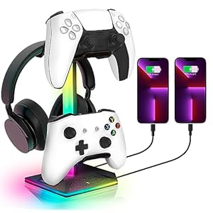 RGB Gaming Controller Holder, Headphone Stand With 2 USB Charging and 1 Type-C, Controller Stand with 10 Light Mode and Memory Feature, Universal Headset Stand Accessories for Desk Gamers