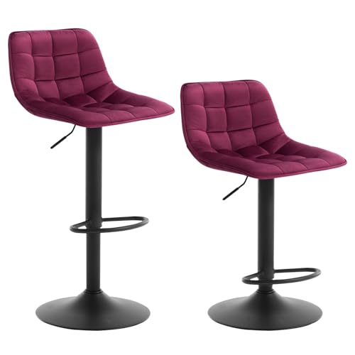 WOLTU Taburete de Bar Juego de 2, Taburetes Alto de Cocina Giratorio con Respaldo Regulable en Altura Muebles Sillas, Terciopelo, Burdeos