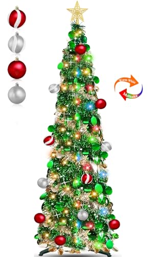 Dual Color Switch&Timer 5 Ft Gold Pop Up Christmas Tree with 50 Warm White&Color Lights 8 Modes, Tinsel Pencil Collapsible Xmas Tree, Easy Assembly, Balls 3D Star Sequins, Home Party Apartment Decor