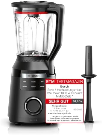 Bosch Hochleistungsmixer, Smoothie Maker, 1800W, 45.000 U-min, Programme für heiße Suppe & Reinigung, 2L, spülmaschinenfeste Teile, Made in Europe, schwarz, VitaPower Serie 6 MMB66