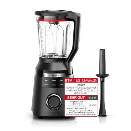 Bosch Hochleistungsmixer Smoothie Maker 1800W 45.000 U-min Programme für heiße Suppe & Reinigung 2L spülmaschinenfeste Teile Made in Europe schwarz VitaPower Serie 6 MMB6652B