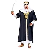 Das Set beinhaltet eine schwarze Robe mit Goldborten und eingenähtem weißen Hemd. Der weiße Turban ist ebenfalls mit goldfarbenen Verzierungen versehen und rundet den Look perfekt ab