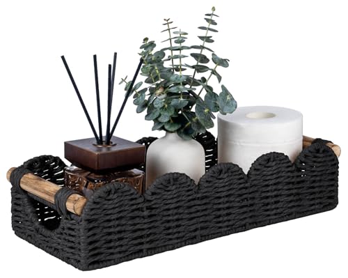 CubesLand Bathroom Basket Organizer w/Cut Out Handle, Back of Toilet Paper Storage Baskets Tray for Bathroom Countertop Decorative, Scalloped Wicker Basket Also for Home Decor, Living Room, Black