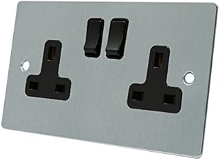 AET FSC2GSOCBL Satin Chrome Flat Black Insert Plastic Rocker Switches-13 Amp Double 2-Gang Plug Socket, 240 V