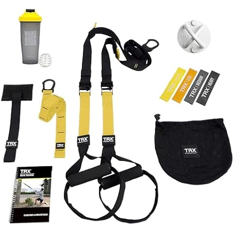 TRX Training All-in-One Suspension-Trainer Exercise Equipment Bundle with XMount Wall Anchor, 4 Strength-Exercise Bands, and Shaker Bottle, 10 Items Total Cover