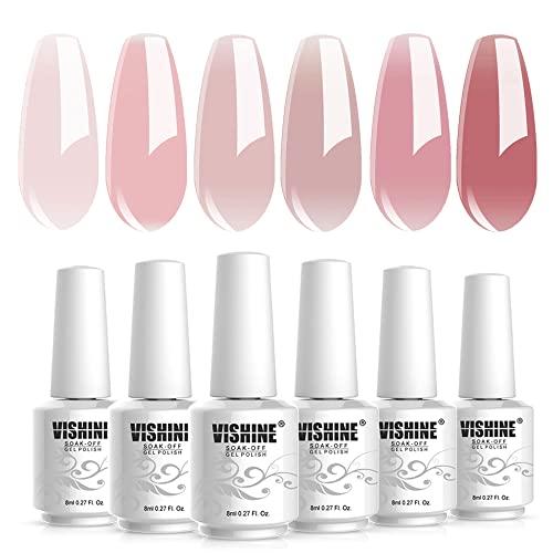 Vishine Nude Gel Polish Kit, Sheer Milky Pink Jelly Transparent Gel Nail Polish UV LED Gel Nail Gel Polish Varnish Nail Art DIY Saon 6Pcs 8ML