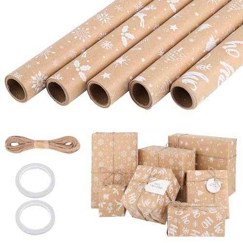 woric 5 Rollen Geschenkpapier Set 3mx43cm Geschenkpapier Geburtstag Geschenkpapierrolle mit Hanfseil Kraftpapier Rolle für Geburtstag Hochzeit Muttertag (Weißbraun)