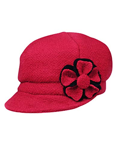 Dahlia Women's Newsboy Cap - Wool, Lined Winter Hat, w/Chic Flower, Red