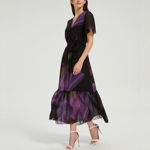 Image of Women's Summer Bohemian Floral Chiffon Dress Cap Sleeve V Neck Ruffle Long Flowy Boho Casual Vacation Dresses