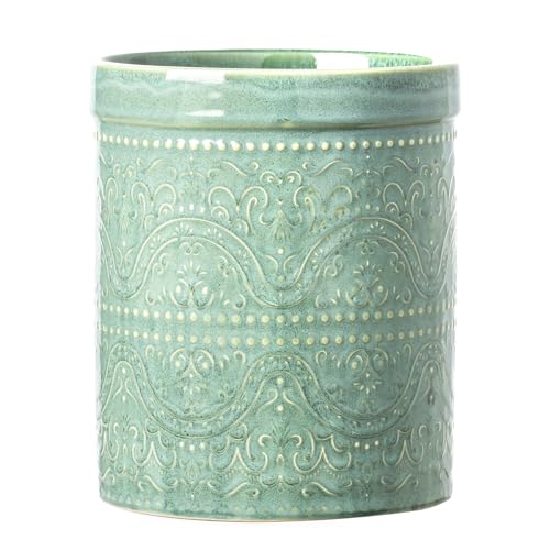 MIKIGEY Kitchen Utensil Holder, 7 Inches Large Ceramic Utensil Holder for Countertop, Lace Emboss Cooking Utensil Crocks for Kitchen, Home Decor, Off-White, Forest Green