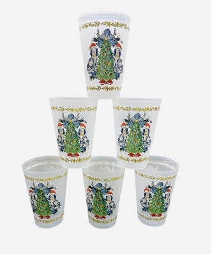 Marye-Kelley Staffordshire Dogs with Santa Hats and Christmas Tree Shatterproof 20 Oz Frosted Cups - Set of 6 Cups - BPA Free - Made in the USA Dishwasher Safe