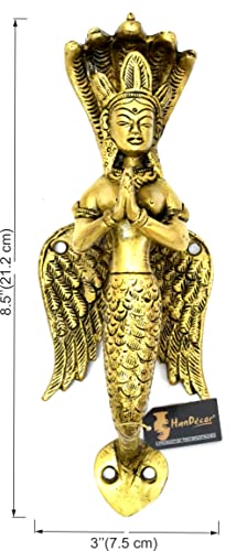 Image of Two Moustaches 8.5 Inches Nagkanya Design Brass Door Handle, Snake Lady Door Handle, Handles for Main Door, Door Pulls, Standard Size, Antique Yellow, Pack of 1