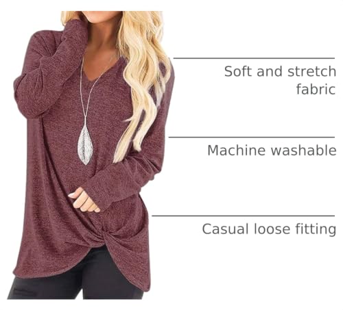 Image of SimpleFun Womens Tops Long Sleeve Shirts V Neck Loose Twist Knot Fall Tunic