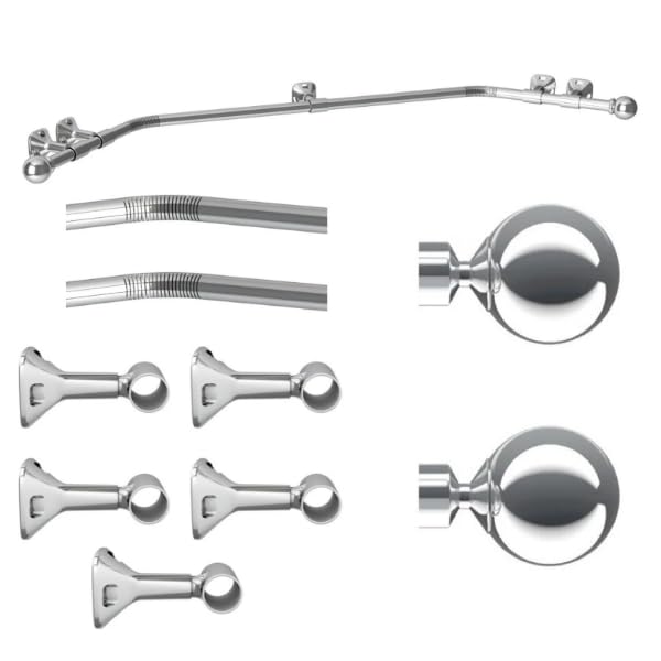 28mm Eyelet 3-Sided Bay Window Curtain Pole Set – Heavy Duty Metal Curtain Pole with Ball Finials & Square Brackets – Suitable for Eyelet Curtains (Chrome, 450cm)