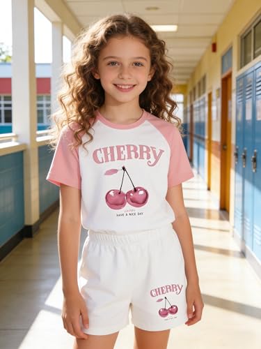 Image of KIDLAGA Girls Two Piece Sets Cherry Pattern Short Sleeve Shirts and Shorts Set With Pockets Girls Summer Outfits Size 7-14