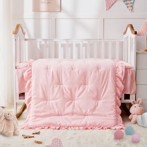 Image of Wowelife Girl Crib Bedding Set, 3-Piece Crib Comforter Set for Girls, Boho Ruffle Pink Nursery Bedding Set Include Crib Comforter, Crib Fitted Sheet and Crib Skirt, Pink