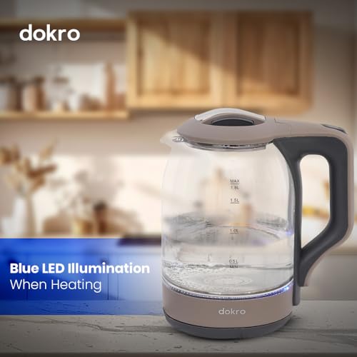 Image of Dokro 1.8L Electric Glass Kettle (1350W) | 100% Borosilicate Glass Body with Locking Lid, 360 Swivel Base, Concealed Element for faster heating, Auto Shut-Off, Rust Proof Electric Kettle (Grey)