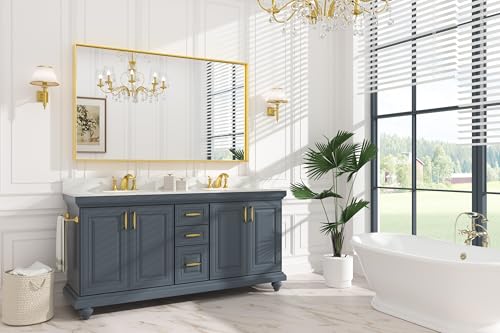 Image of Keonjinn 60x36 Inch Gold Bathroom Mirror for Over Sink, Wall Mounted