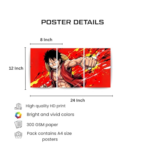 Image of One Piece Anime Manga Poster, One Piece Character Design Wall Poster 3 Panal - A4 Size, 300 GSM, Wall Decor Posters Wall Art For Bedroom, Living room, Office, Dining Room,No Frame (Luffy-4)