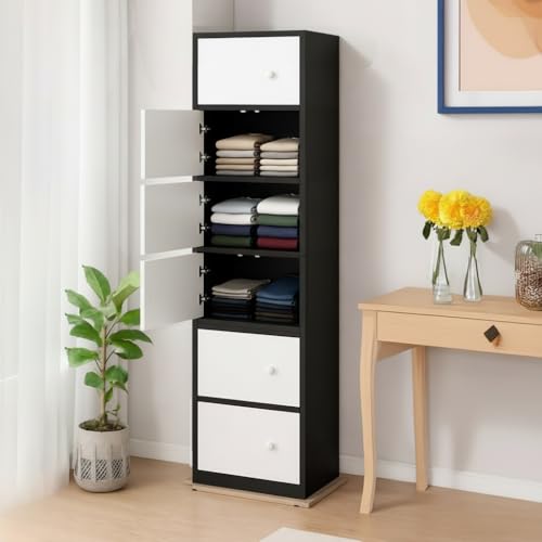 Image of EXVITO Engineered Wood Wardrobe for Bedroom | Foldable 6-Shelf Wooden Storage Cabinet | Cupboard Almirah for Clothes | Collapsible Wardrobe | Space Saving Wooden Cabinet - Black