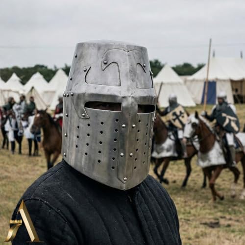 Image of AnNafi Crusader Helmet | Knight Templar Helm | Medieval Armour Wearable For Men Antique Helmets | Combat Free-Size Reenactment SCA LARP Cosplay Costumes Armor Silver | Halloween & Drama Costume