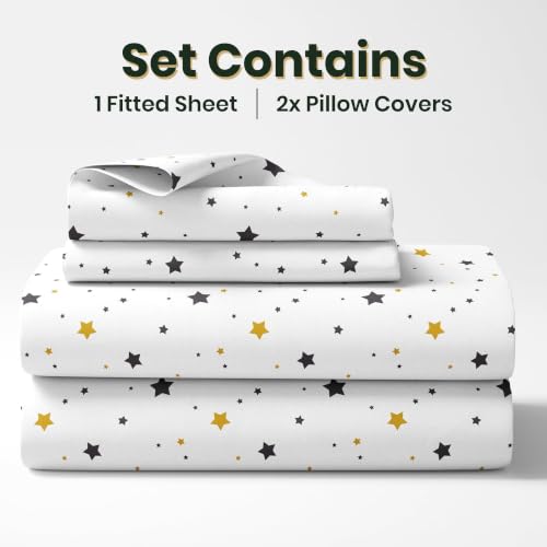 Image of LORETO - A QUALITY LINEN BRAND 210 TC 100% Pure Cotton King Size Fitted Bedsheet with 2 Pillow Covers for 78 x 72 Inch Mattress, All-Around Elastic, 8 Inch Deep Pocket, Black & Gold Stars
