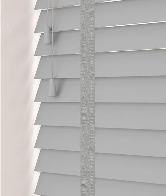 Funky Gadgets Faux Wood Blinds Wooden Grain window Venetian Blind 50mm Horizontal Smooth Slats with Tape White Silver/Grey TRIMMABLE Child Safe (Grey, W45cmxL213cm) — image 1
