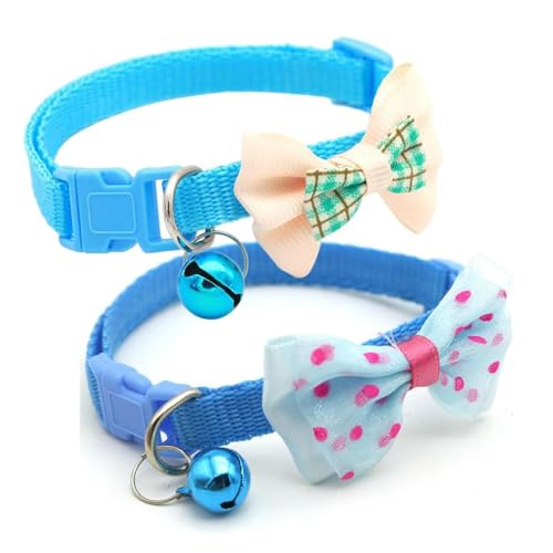Light Blue Dog Collar with Bell, 2-Pack Puppy Collar Cute Bow Tie Cat Collar Nylon Adjustable Buckle for Xs XSmall Girl Pets Female Kitten Yorkie Teacup Chihuahua X-Small,Neck 7-12 Inch Ligh