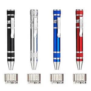 Huture 4 Packs Complete Premium Multifunction Mini Screwdriver Set 8 in 1 Durable Gadgets Repair Aluminum Pen Handle Phillips Slotted Tool Kit for Home Improvement, Red/Blue/Silver/Black